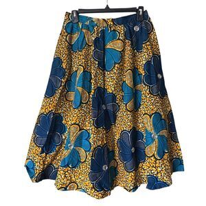 African Print Midi Skirt Colorful Blue Yellow Jewel Accent Women's Size Waist 28